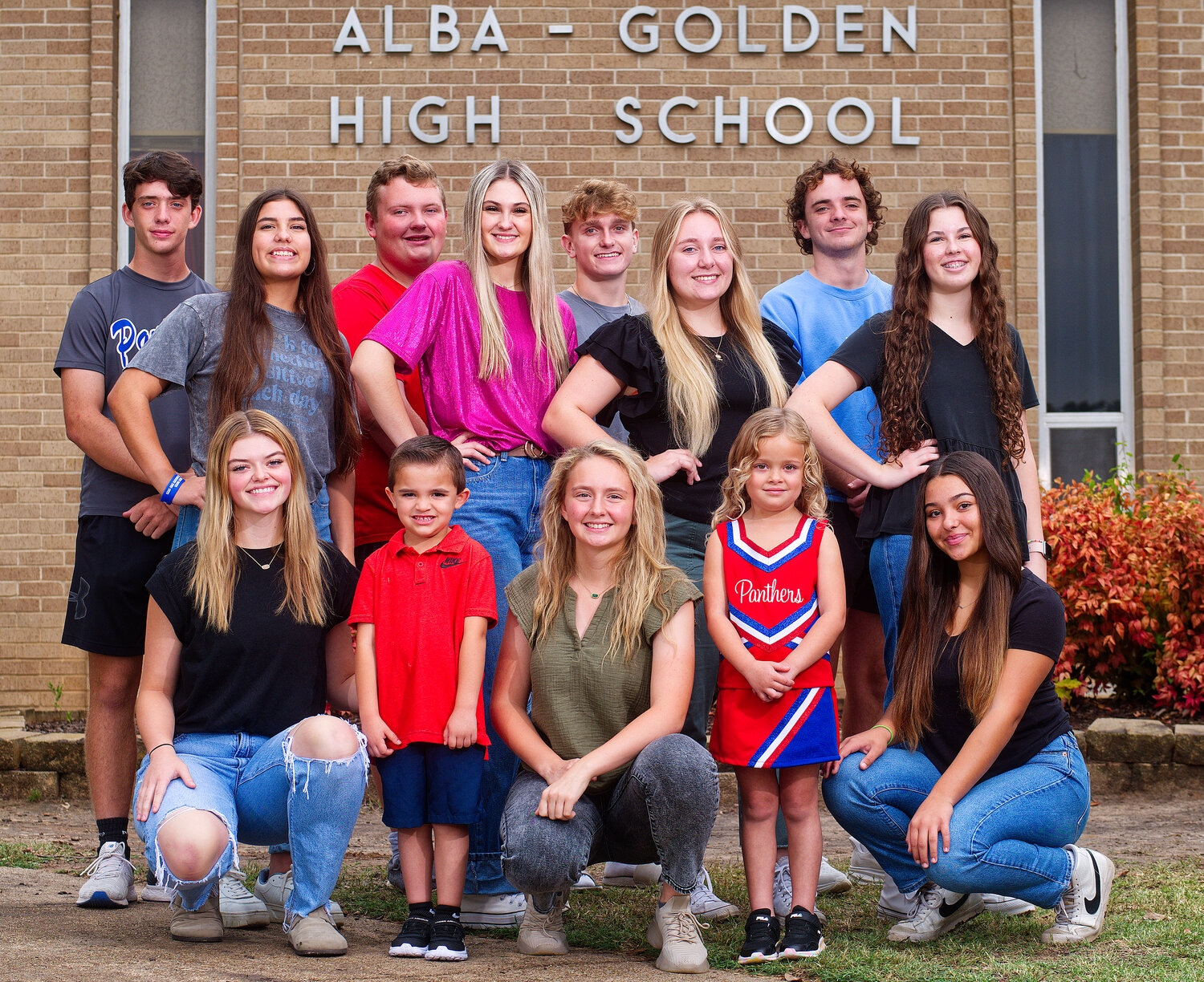 Members of the Alba-Golden homecoming court include, front from left, junior duchess Alexis Wilmut, ring-bearer River Quintana, freshman duchess Halley Peterson, flower girl Charlotte Hays and sophomore duchess Piper Hallman; middle, nominees for homecoming queen are seniors Erin Langston, Lexi France, Kirsty Jackson-Colegrove and Madelyn Osbern; back row, king nominees are seniors Easton Campbell, Seth Converse, Gavin Parker and Jett Kruse.